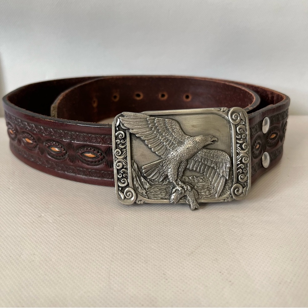 Vintage Siskiyou Eagle Belt Buckle Brown Tooled Leather Belt